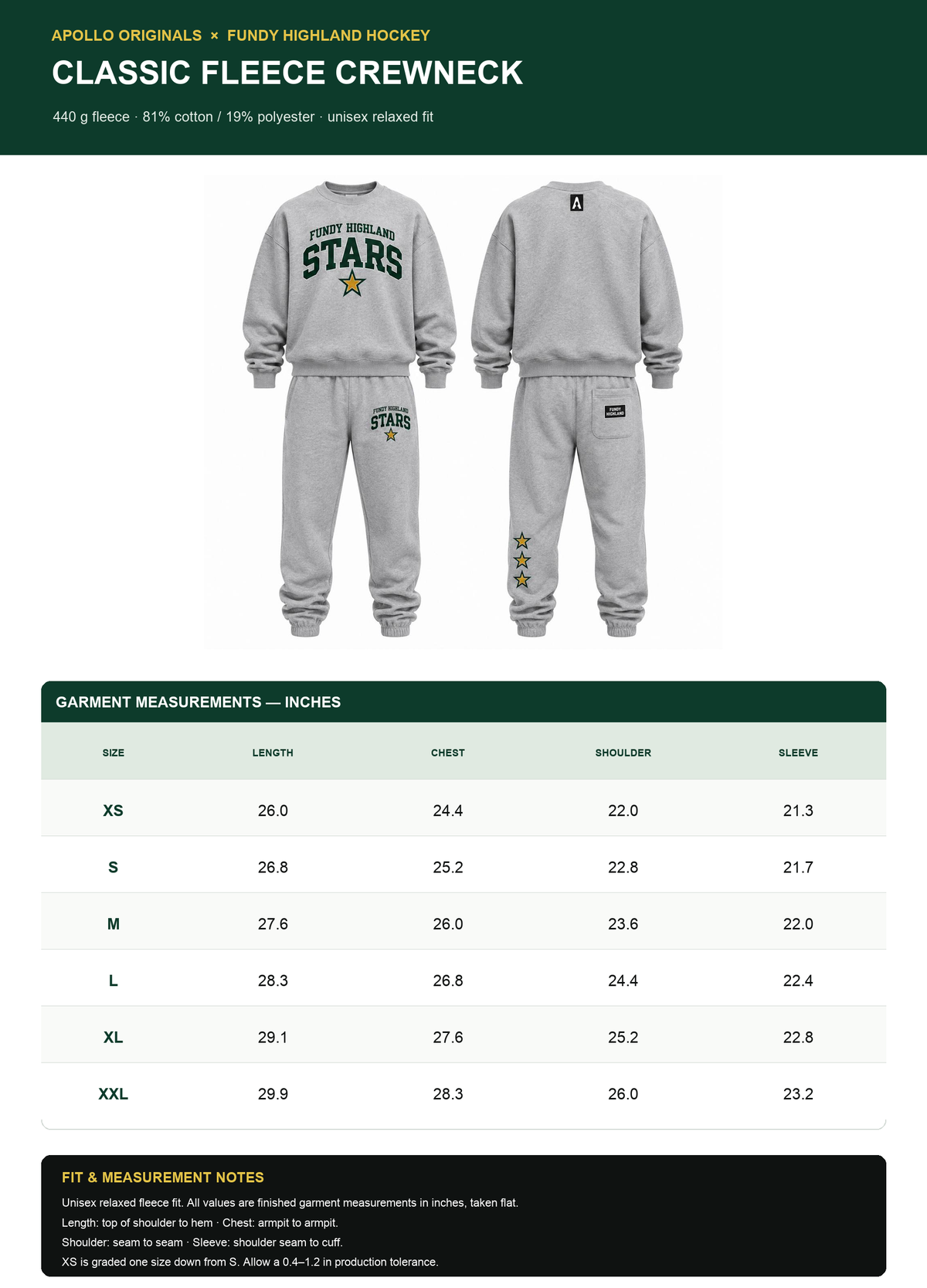 Fundy Highland Hockey Classic Fleece Crewneck — Official Size Chart (XS to XXL) — Inches