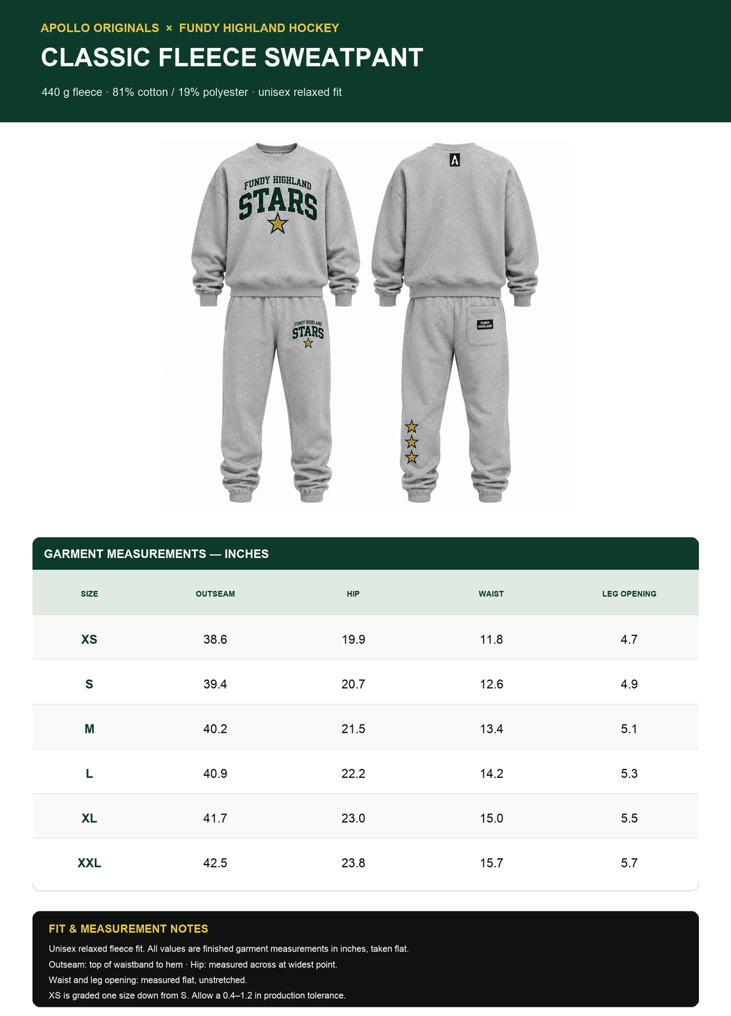 Fundy Highland Hockey Classic Fleece Sweatpant — Official Size Chart (XS to XXL) — Inches