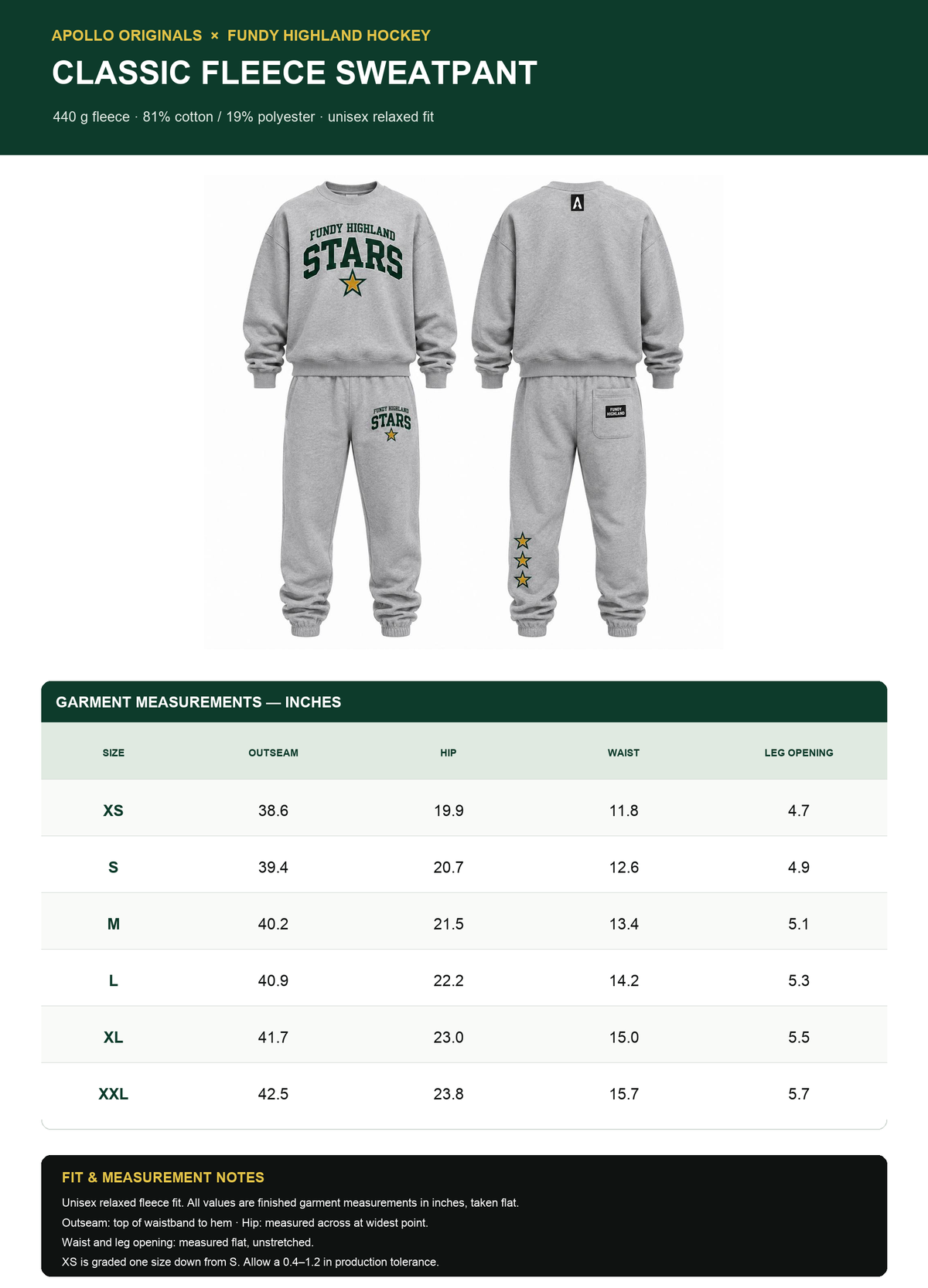 Fundy Highland Hockey Classic Fleece Sweatpant — Official Size Chart (XS to XXL) — Inches