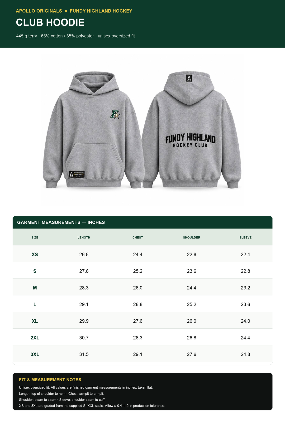 Fundy Highland Hockey Club Hoodie — Official Size Chart (XS to 3XL; 2XL label) — Inches