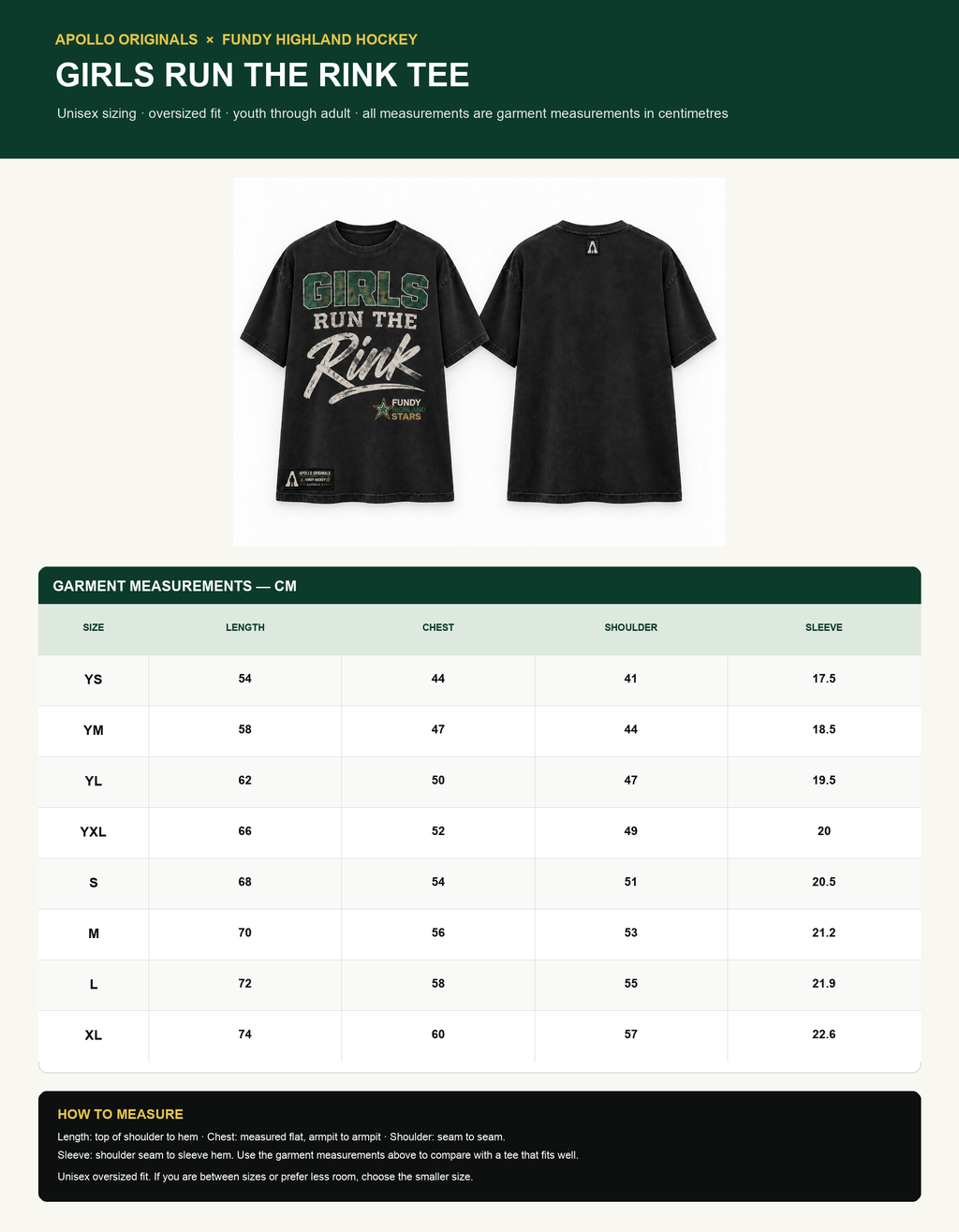 Fundy Highland Hockey Girls Run the Rink Tee — Official Size Chart (YS to XL)