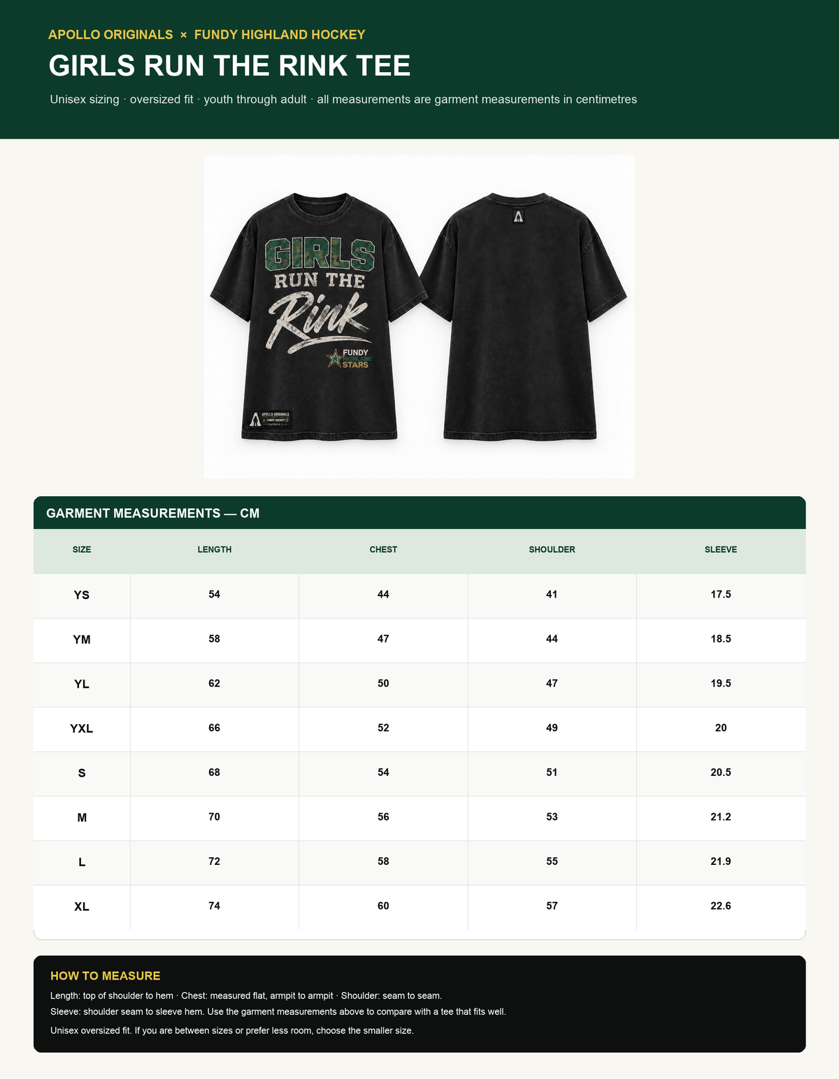 Fundy Highland Hockey Girls Run the Rink Tee — Official Size Chart (YS to XL)
