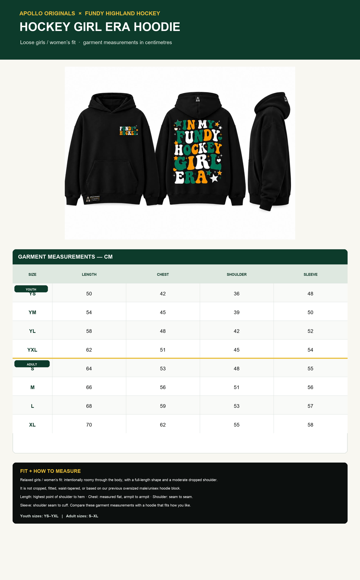 Fundy Highland Hockey Girl Era Hoodie — Relaxed Girls Fit Size Chart (YS to XL) — Centimetres