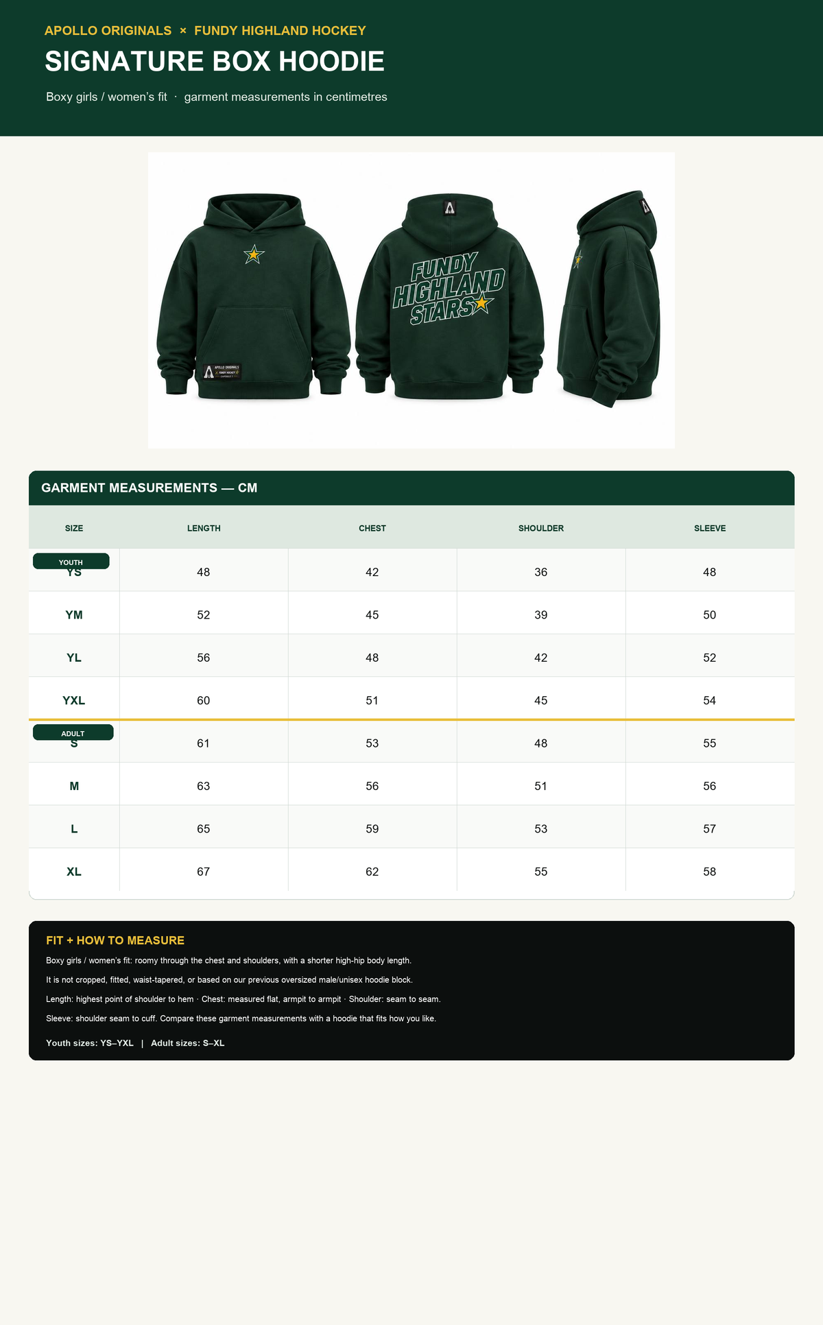 Fundy Highland Hockey Signature Box Hoodie — Boxy Girls Fit Size Chart (YS to XL) — Centimetres