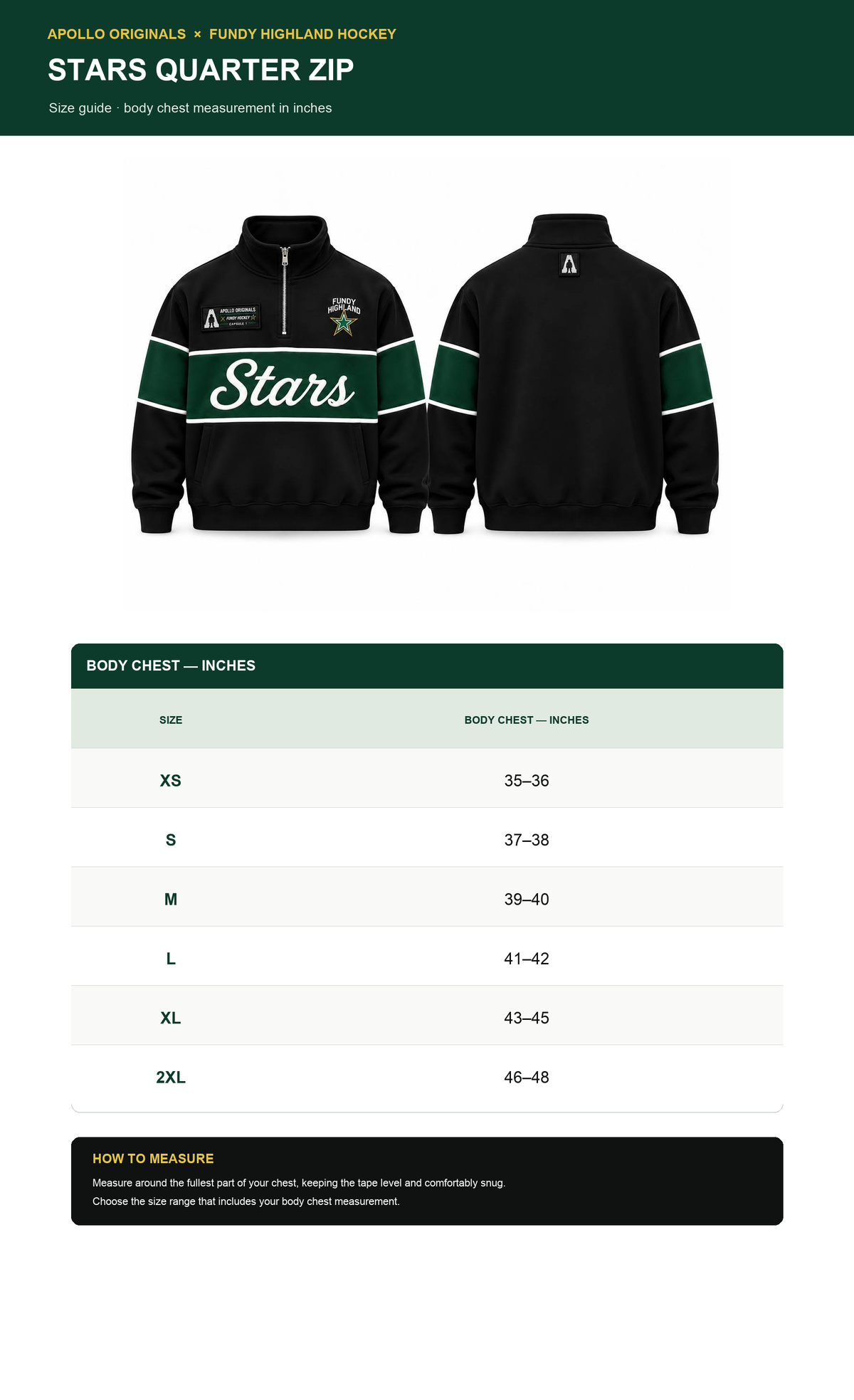 Fundy Highland Hockey Stars Quarter Zip — Official Size Chart (XS to 2XL) — Body Chest Inches