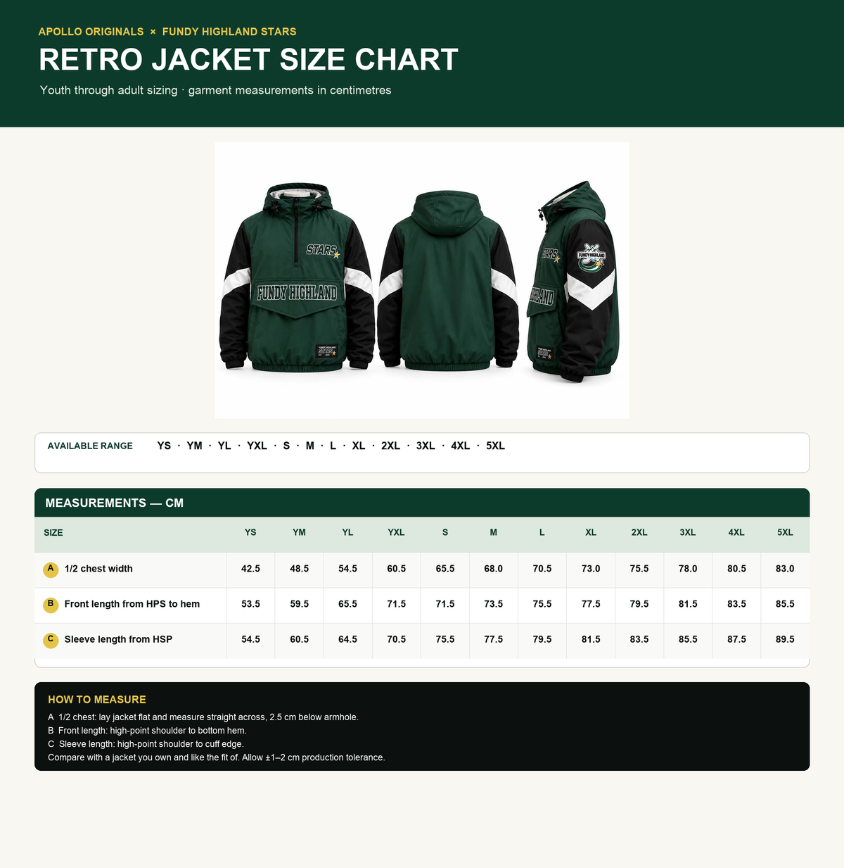 Fundy Highland Stars Retro Jacket — Size Chart (YS to 5XL)