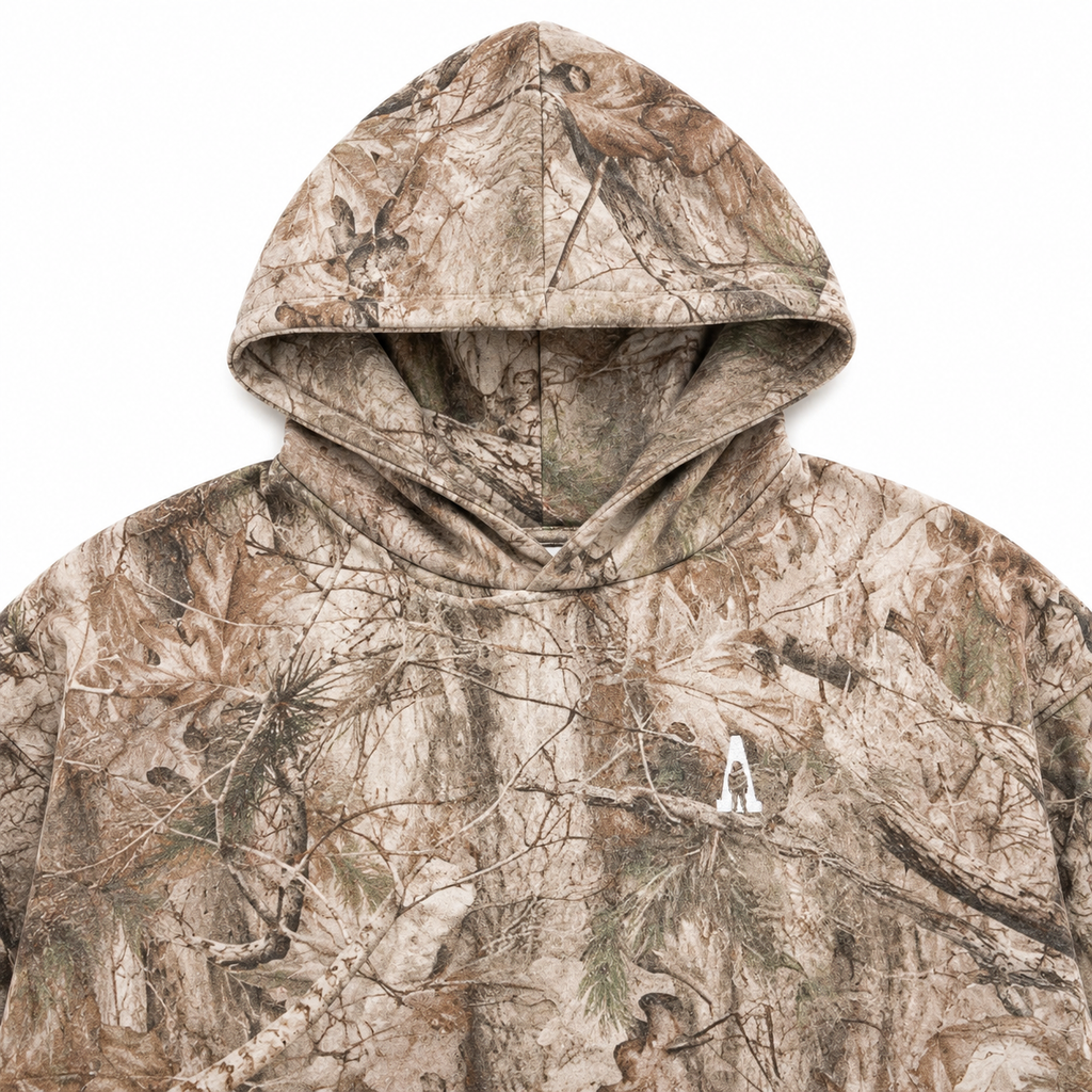 Apollo Essential Camo Hoodie alternate front view - Apollo Originals camo fleece