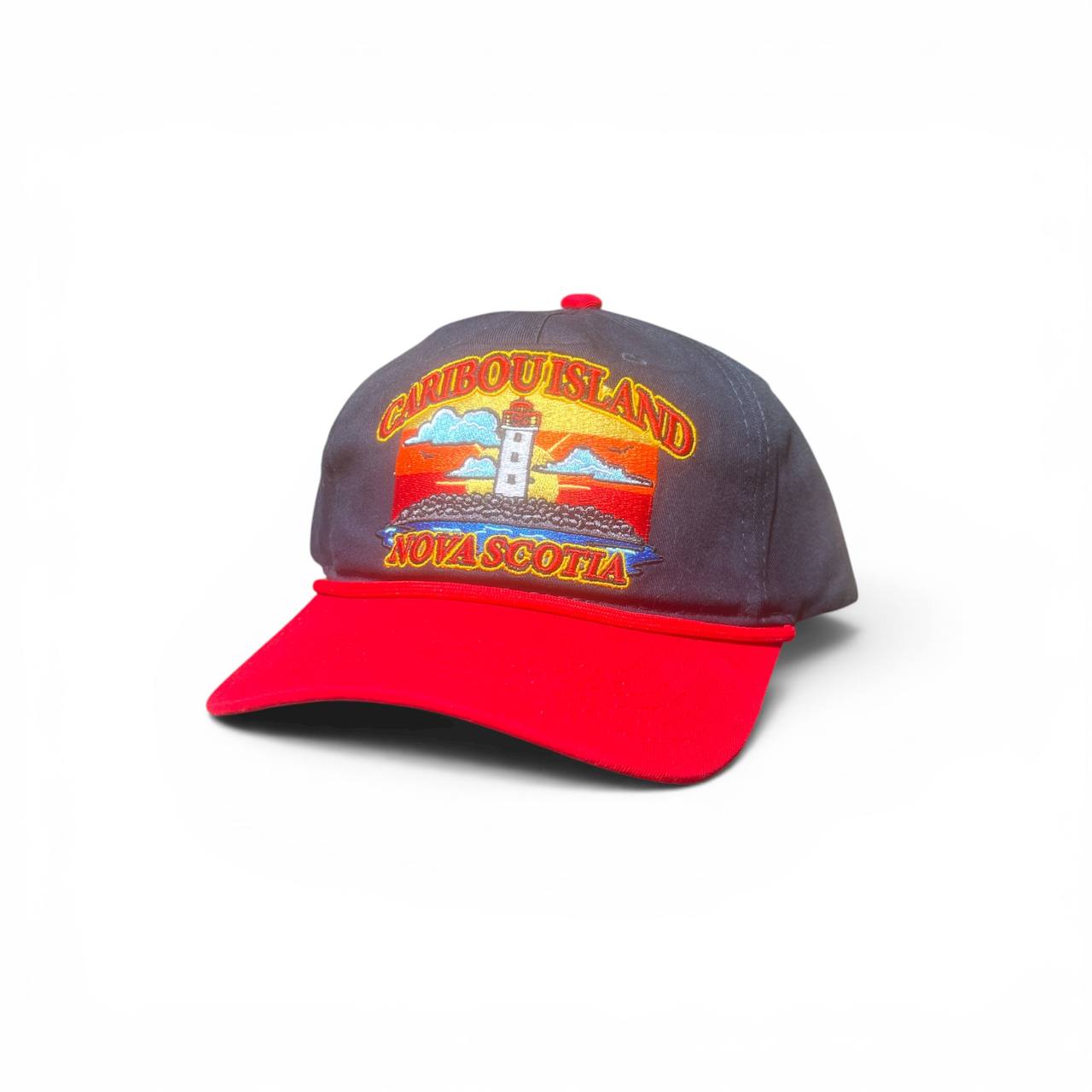 Caribou Island hat - navy crown with red brim and lighthouse embroidery